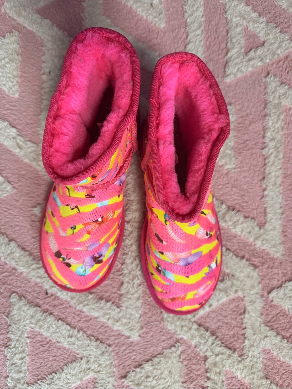 Bright Pink Fuzzy Lined Ugh Boots - Neon Pattern